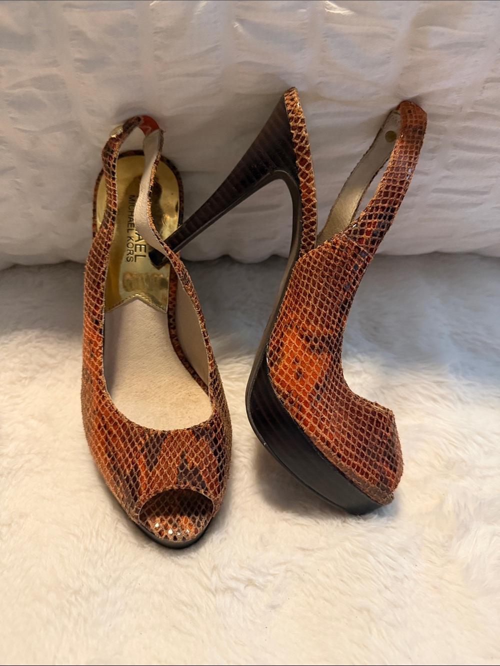 Michael Kors Brown-Orange Snake-Print Peep-Toe Slingback Heels